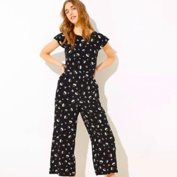 Ann Taylor LOFT Black Floral Sleeveless Wide Leg Jumpsuit Women's - Picture 1 of 5